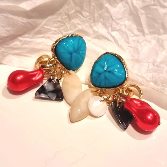 New ZARA  Gold and Turquoise Stone Dangle Charm Earrings - Picture 9 of 11